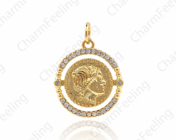 18K Gold Filled Coin Pendant, Medallion Pendant, Medallion Charm, Micro-Pave Gold Coin Charm, DIY Jewelry Making Accessories 21x16x2mm 1pcs