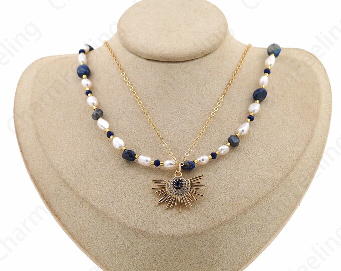18K Gold Filled Sun Eye Necklace, Micropavé CZ Freshwater Pearl Necklace, Round Eye Necklace, Gift For Her, Everyday Necklace,43cm