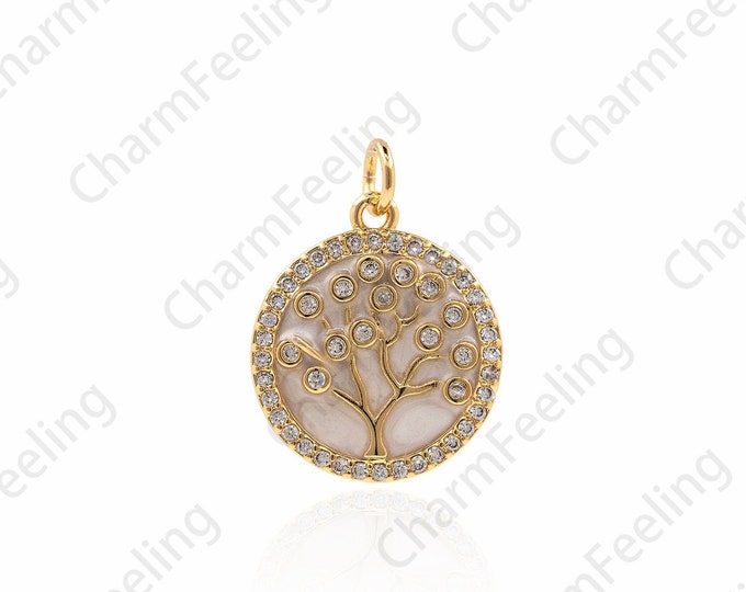 Brass Gold-Plated Coin Necklace,Tree Of Life Pendant, 18K Gold Filled Coin Necklace,Tree Life Charm,Enamel Charm,Enamel Pendant 22x16x2.5mm