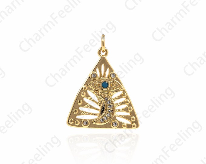 18K Gold Filled Moon Pendant, Moon Charm, Triangle Charm, Eye Charm, CZ Moon Charm, DIY Jewelry Making Accessories 26x21x2mm 1pcs