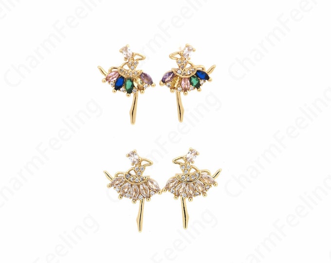 Dance Earrings, 18K Gold Filled Dancer Earrings, Ballet Earrings, Micropavé CZ Pierced Earrings, Gift for Dancer, Gift for Her, 19x13.5x2mm