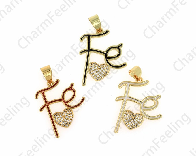 Alphabet FE Pendant, Micropavé CZ Enamel Charm 18K Gold Filled Alphabet Necklace, Heart Pendant, DIY Jewelry Supplies, 19x29x2.8mm