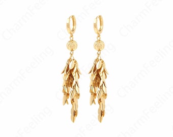 1 Pair,18K Gold Filled Tassel Earrings,Ball Earrings,Leaf Earrings, Dainty Earrings,Tassel Charm,Boho Earrings,74x13.7x8mm