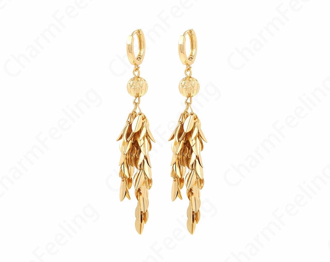 1 Pair,18K Gold Filled Tassel Earrings,Ball Earrings,Leaf Earrings, Dainty Earrings,Tassel Charm,Boho Earrings,74x13.7x8mm