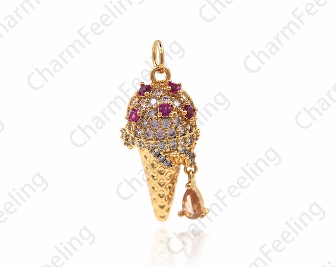 Ice Cream Pendant, Filled Gold Charm, Snack Charm, Micro-Pave Ice Cream Necklace, DIY Jewelry Making Accessories 27.5x11.5x5.6mm 1pcs