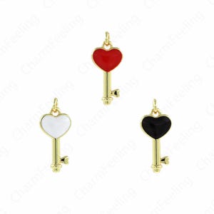 18K Gold Filled Key Necklace, Heart-Shaped Key Pendant,Enamel Key Charm, Heart-Shaped Necklace 19.5x8.5x2mm