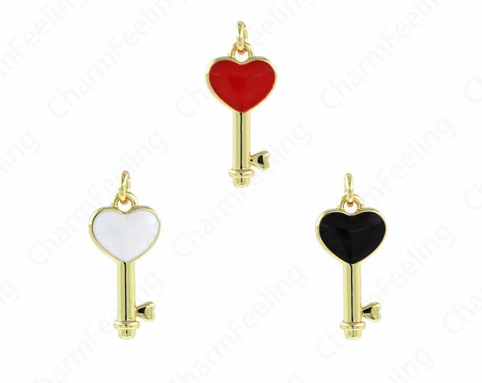 18K Gold Filled Key Necklace, Heart-Shaped Key Pendant,Enamel Key Charm, Heart-Shaped Necklace 19.5x8.5x2mm