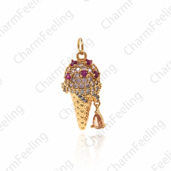 Pendentif crème glacée, charme d’or rempli, charme de casse-croûte, collier de crème glacée de Micro-Pave, bijoux de DIY faisant des accessoires 27.5x11.5x5.6mm 1pcs