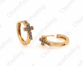 18K Gold Filled Cross Earrings,Brass Gold-Plated Earrings,Eeligious Earrings,Religious Charm, A Gift For Her 14x16mm 1 Pair