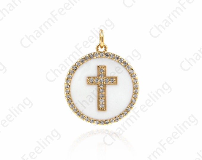 Enamel Micro-Pavé Round Cross Pendant, Enamel Charm, Cross Charm, Religious Charm, DIY Jewelry Making Accessories 25x20x2mm 1pcs