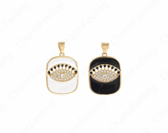 Micropavé CZ Eye Necklace,Rectangular Pendant,Square Pendant, Eye Pendant, 18K Gold Filled Enamel Charm,DIY Jewelry Supplies,27.5x17.5x4mm