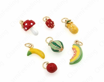 Fruit Enamel Pendant, 18K Gold Filled Apple Charm,Banana Charm, Mushroom Charm, Strawberry Charm, Fruit Jewelry