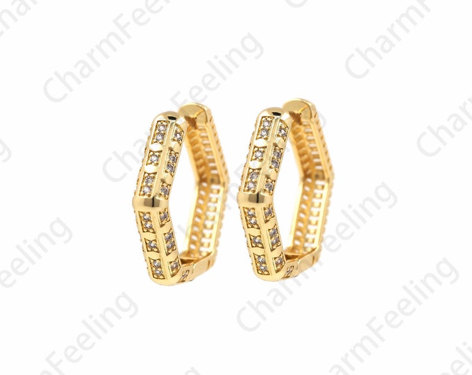 Micro-Pave Hexagonal Earrings, Large Hexagonal Hoops, Gold Filled Hoops, Exquisite Hoops, A Gift For Her 29x28x5.5mm 1pair