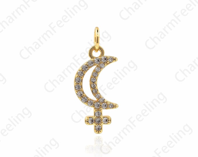 18K Shiny Gold Moon Pendant, Crescent Moon Necklace, Micro Pavé Moon Charm, DIY Moon Bracelet Crescent Necklace Charm 21x8.5x2mm