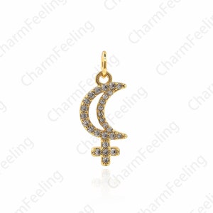 18K Shiny Gold Moon Pendant, Crescent Moon Necklace, Micro Pavé Moon Charm, DIY Moon Bracelet Crescent Necklace Charm 21x8.5x2mm