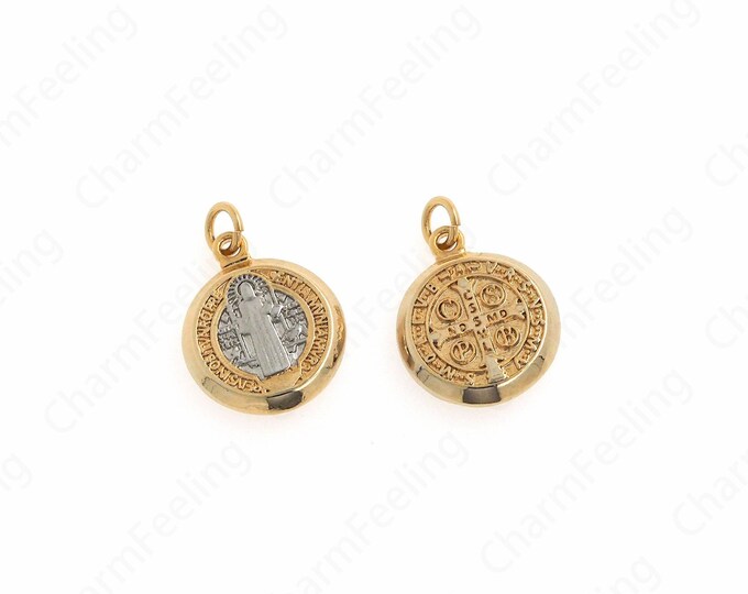 Saint Benedict Pendant,Dainty Religious Charm, 18K Gold Filled Circle Necklace, Catholic Charm, DIY Jewelry Supplies, 21x15x3.5mm