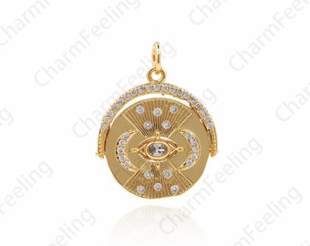 18K Gold Filled Moon Pendant, Eye Charm, Round Medallion Charm, Medallion Necklace, DIY Jewelry Making Accessories 24x19x2mm 1pcs