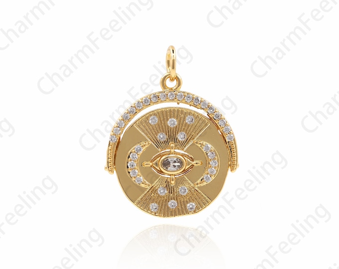 18K Gold Filled Moon Pendant, Eye Charm, Round Medallion Charm, Medallion Necklace, DIY Jewelry Making Accessories 24x19x2mm 1pcs