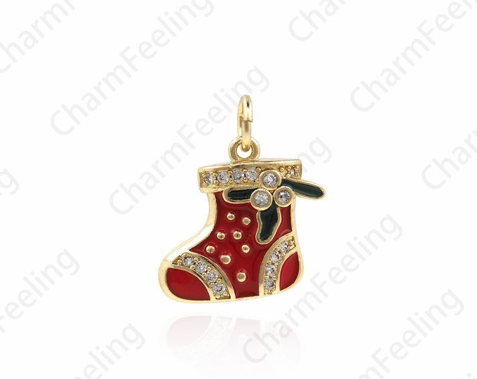 18K Gold Filled Enamel Christmas Boot Pendant, Christmas Gift, Christmas Charm, Shoe Charm, DIY Jewelry Making Accessories 18x15x2.8mm 1pcs