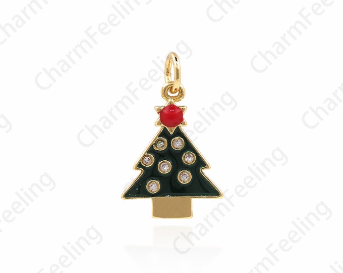 Enamel Christmas Tree Pendant, Christmas Gift, Gold Filled Tree Charm, Plant Charm, DIY Jewelry Making Accessories 20x12x1.5mm 1pcs
