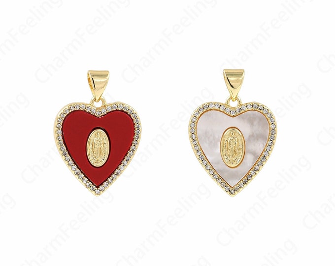 Virgin Mary Charm, 18K Gold Filled Heart-shaped Maria Necklace, Micropavé CZ Enamel Charm, DIY Jewelry Accessories, 25x17x2.5mm