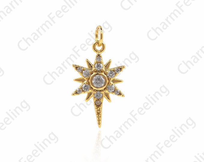 18K Gold Filled Star Necklace, Polaris Charm, Polaris Charm, Micropavé Cubic Zirconia Gold Necklace 19x10x2.5mm