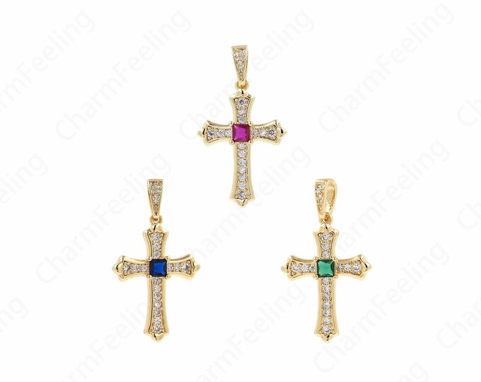 Cross Necklace, Micropavé CZ Religious Charm, Christian Pendant, 18K Gold Filled Cross Charm, DIY Jewelry Supplies, 36x20x5mm