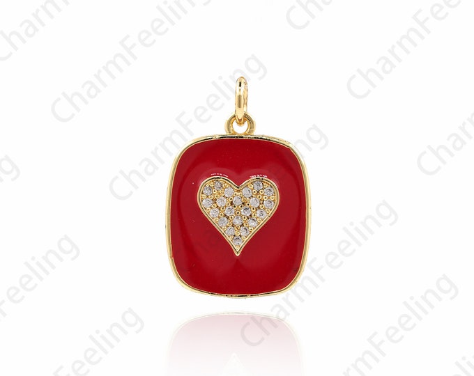 Enamel Heart Pendant, Micro-Pave Heart Necklace, Enamel Charm, Medal Heart Charm, Heart Charm 22.5x15x2mm 1pcs