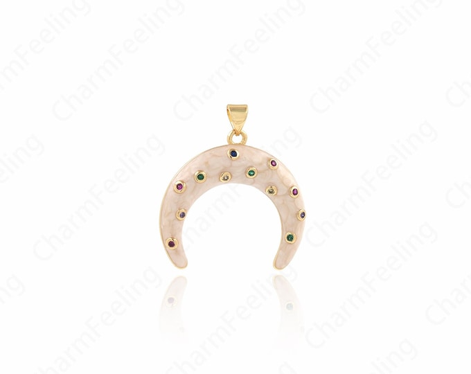 Enamel Horn Necklace,Horn Pendant, White Enamel Double Horn Pendant, 18K Gold Filled Crescent Pendant, Horn Pendant,30x33x4.5mm