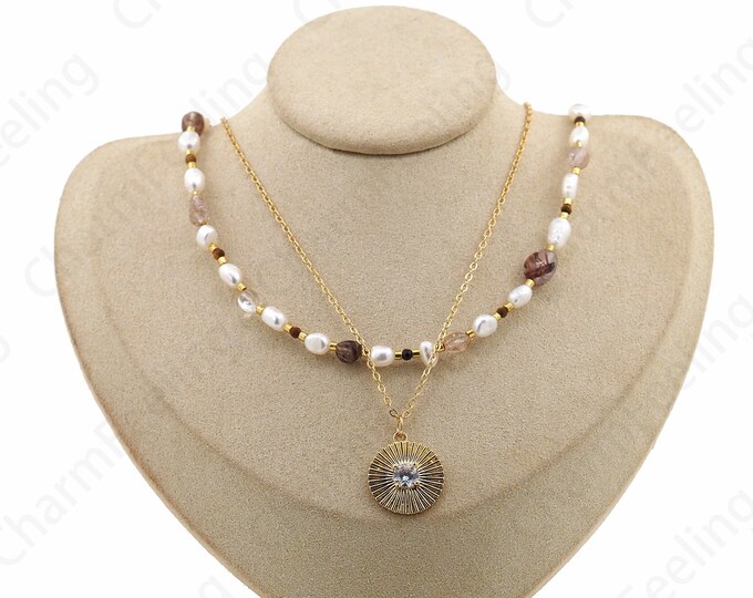 Micropavé CZ Freshwater Pearl Necklace, Round Eye Necklace, 18K Gold Filled Dainty Eye Necklace, Gift For Her, Everyday Necklace,43cm