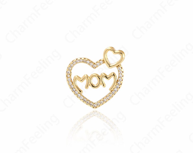 18K Gold Filled Heart Charm Mom Pendant, MicroPave CZ Mother Charm, Heart Necklace, Gift For Mother,16x15x3mm