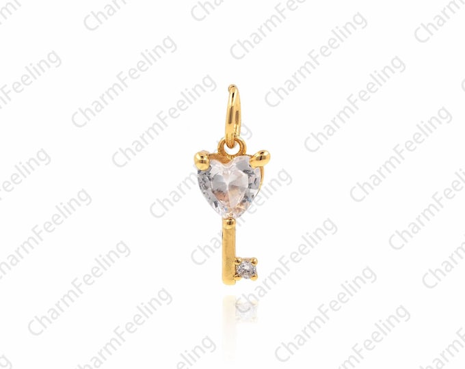 CZ key pendant，Gold Filled Heart Key Pendant,Micro Pave CZ Charm 15.2x5.5x2.7mm 1pcs