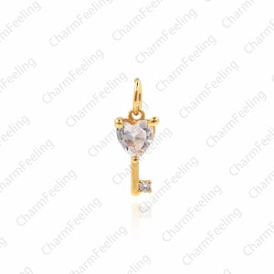 CZ key pendant，Gold Filled Heart Key Pendant,Micro Pave CZ Charm 15.2x5.5x2.7mm 1pcs