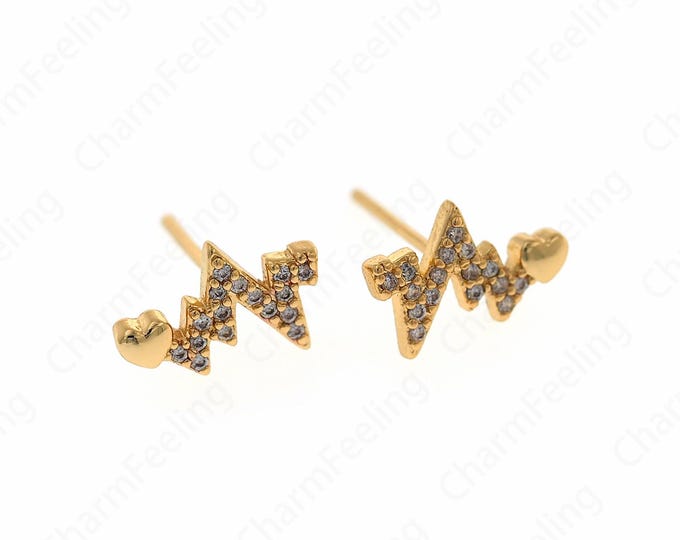 18K Gold Filled Lightning Stud Earrings, MicroPave CZ Lightning Earrings,Gift For Her, DIY Jewelry Supplies, 11.7x7.5x1.5mm
