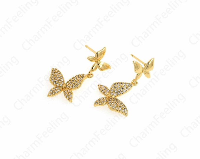 Butterfly Pierced Earrings, Micropavé CZ Butterfly Earrings, 18K Gold Filled Drop Earrings, Flying Earrings, A Gift For Her, 33x18.5x2.5mm