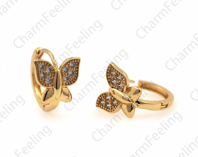 18K Gold Filled Butterfly Earrings, Micropave CZ Butterfly Earrings, Insect Earrings, Butterfly Charm, Animal Charm 12x17mm 1 pair