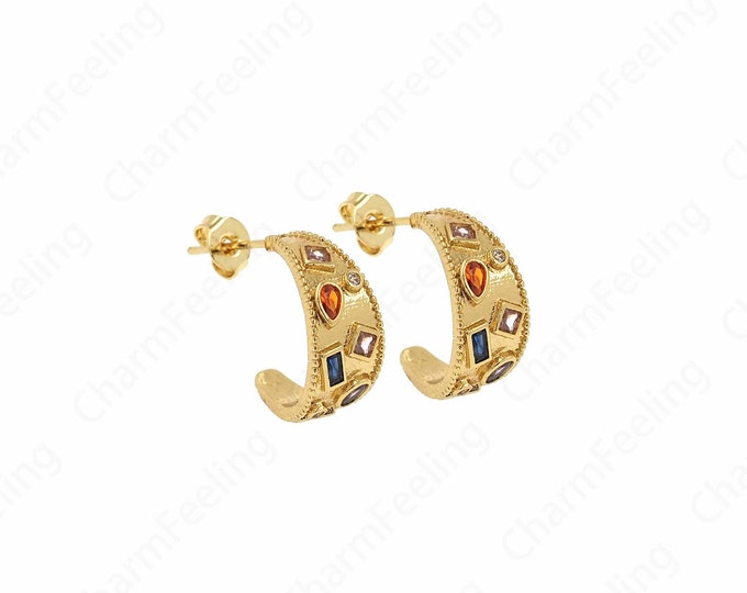 Curved Earrings,Micropavé CZ Exquisite Earrings,Rectangular Rhinestone Earrings,18K Gold Filled Moon Earrings,20.5x15.5x7mm