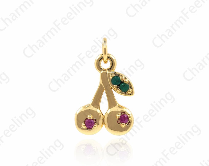 Micro-Pave Cherry Pendant, Fruity Charm, Gold Filled Cherry Necklace, CZ Cherry Pendant, DIY Jewelry Making Accessories 15x9x3mm 1pcs