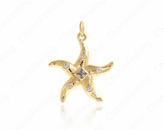 Micropavé CZ Nautical Charm, Marine Life Necklace, Starfish Pendant, 18K Gold Filled Starfish Charm, DIY Jewelry Accessories,25.5x21x3mm