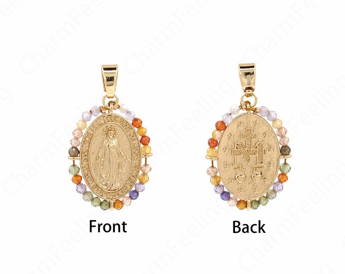 Micropavé Cubic Zirconia Strip Pendant, 18K Gold Filled Virgin Mary Pendant, Virgin Necklace, DIY Jewelry Components 29.5x17.5x2.5mm