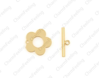18K gold-plated flower shape-OT buckle, toggle clasps，DIY unique jewelry buckle, bracelet/necklace making supplies 13.2x12.9x1mm 1pcs