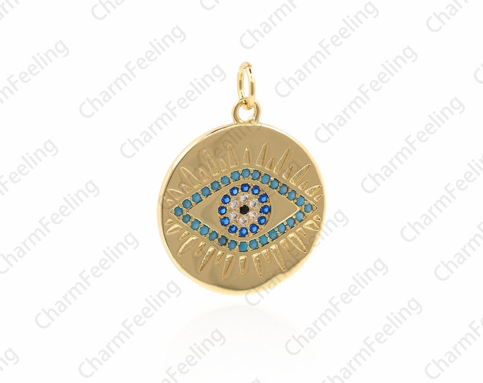 Cubic Zirconia Eye Disc Pendant，Lucky Eye Charm，CZ Micro Pave Bracelet Charm 24.5×18.2×1.5mm  1pcs