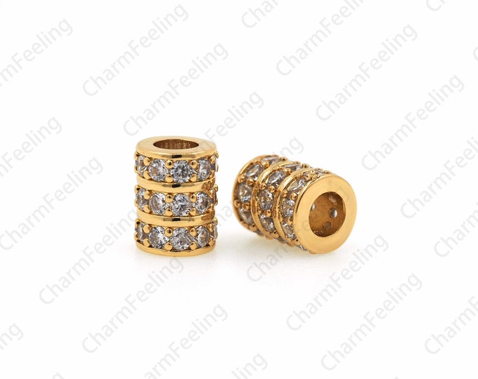 18K Gold Filled Round Beads, Micro-Pavé CZ Cylindrical Spacer Beads, Wholesale Beads, Bracelet Assembly Accessories, 9.5x7x7mm, Hole 4.3mm