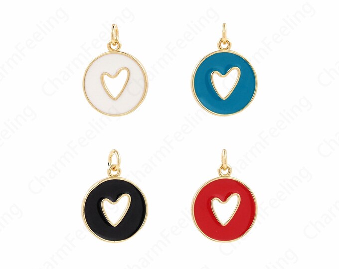 Round Pendant,18K Gold Filled Enamel Love Heart Pendant,Heart charm, Enamel Heart Necklace, DIY Jewelry Accessories 15.5x21x2mm