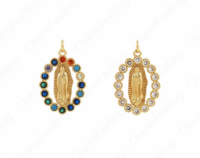 Our Lady Pendant, Oval Maria Pendant, Catholic Charm, 18K Gold Filled Madonna Charm, DIY Jewelry Supplies, 29x18x2mm