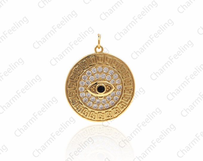 Gold Plate Eye Pendant, Cubic Medal Coin Charm, Religious Charm, Micropavé Necklace Charm Amulet 29.5×23×3mm  1pcs
