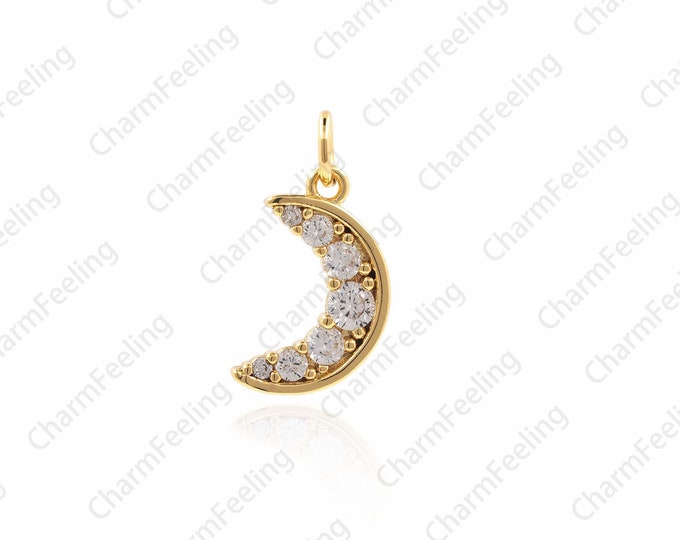 18K Gold CZ Moon Pendant，Crescent Moons， CZ Pave Charms for pendant making 16×7.1×1.7mm  1pcs