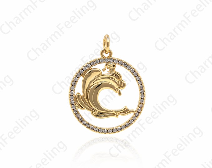 18K Gold Filled CZ Micro-Pave Ocean Wave Pendant, Surfing Charm, Ocean Charm, Ocean Wave Charm, DIY Jewelry Making Accessories26x20x2mm 1pcs