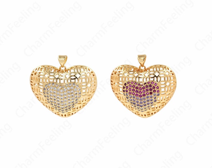 18K Gold Filled Love Charm, Puffed Heart Pendant, Micropavé CZ Heart Pendant, Love Necklace, DIY Jewelry Supplies, 32.5x33x11.5mm