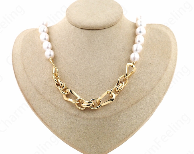 Freshwater Pearl Necklace, Micropavé CZ Pearl Necklace, 18K Gold Filled Spacer Bead Necklace, Gift For Her, Everyday Necklace,51cm